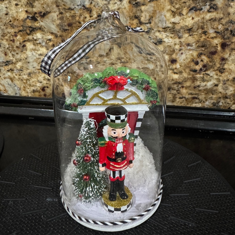 MacKenzie-Childs Nutcracker Glass Cloche Ornament Christmas Tree Decor Ribbon